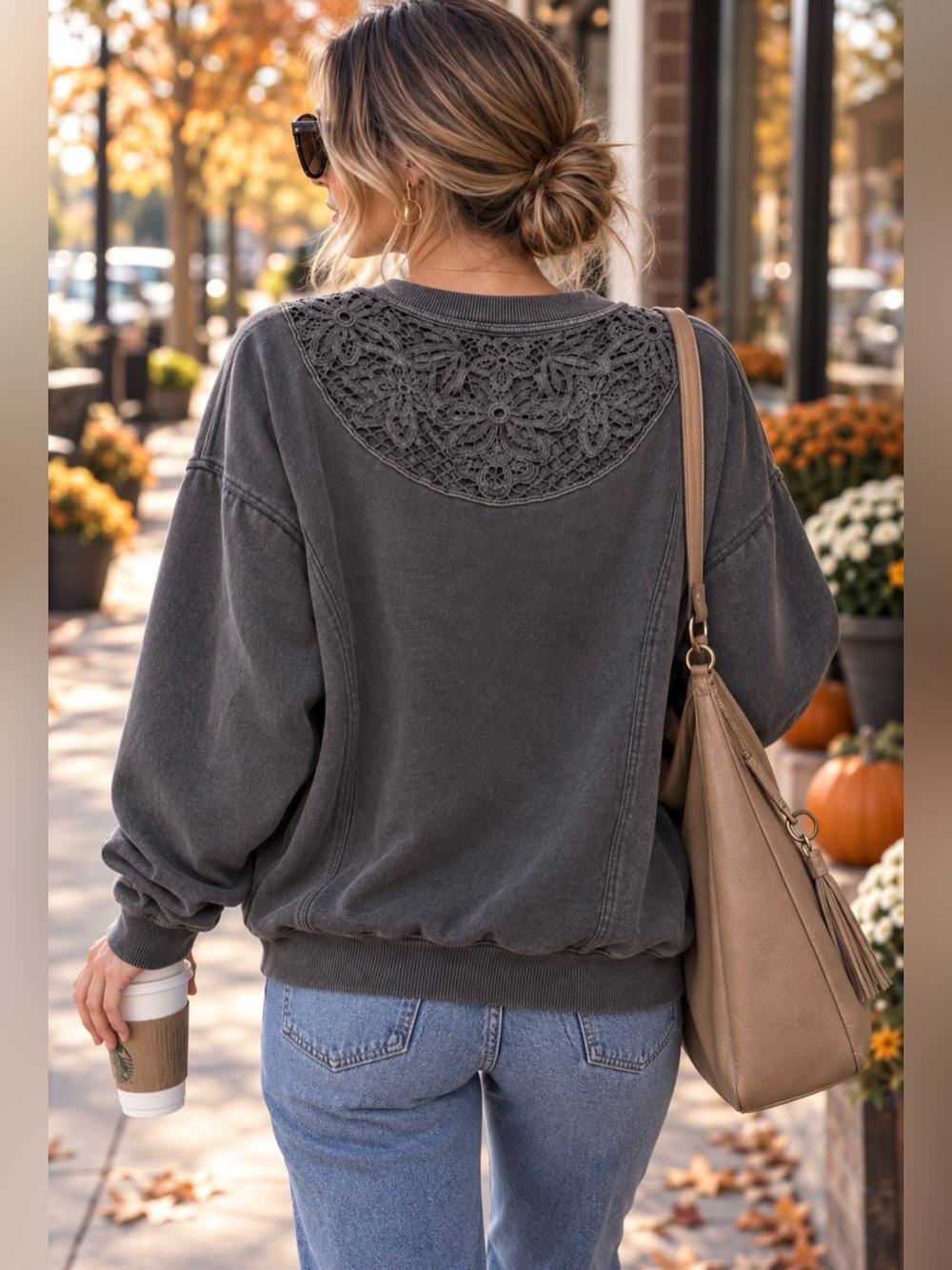 Aerie Washed Charcoal Floral Crochet Lace Back Oversized Sweatshirt, S
